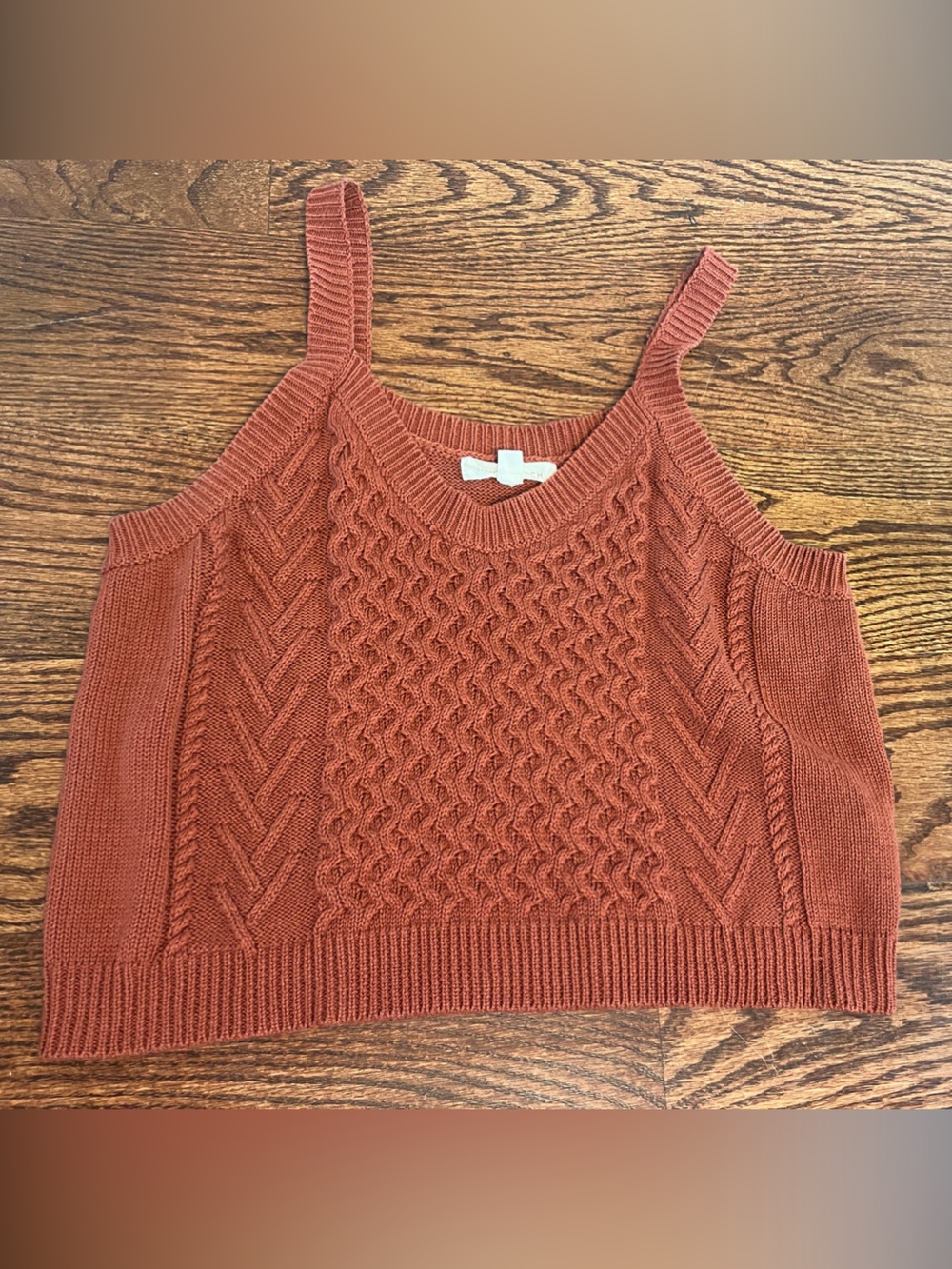 Honey Punch Rust Cable Knit V-Neck Sleeveless Sweater Tank